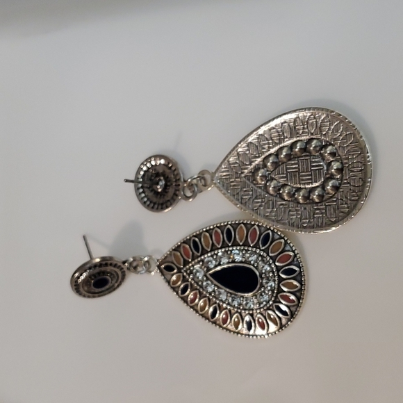 Bohemian Vintage Style Bollywood CZ Dangle Earrings Tear Drop Shaped - Picture 2 of 3